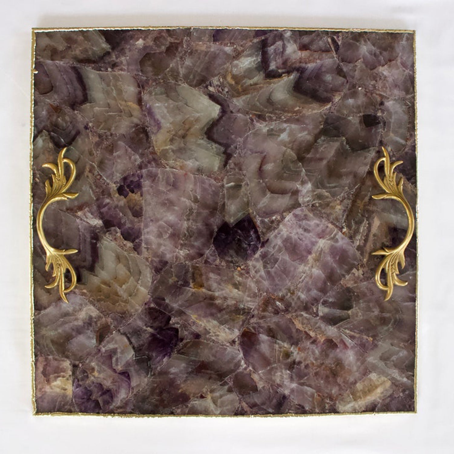 Square decorative tray with purple agate stone surface and gold ornate handles by The Tangerine Store