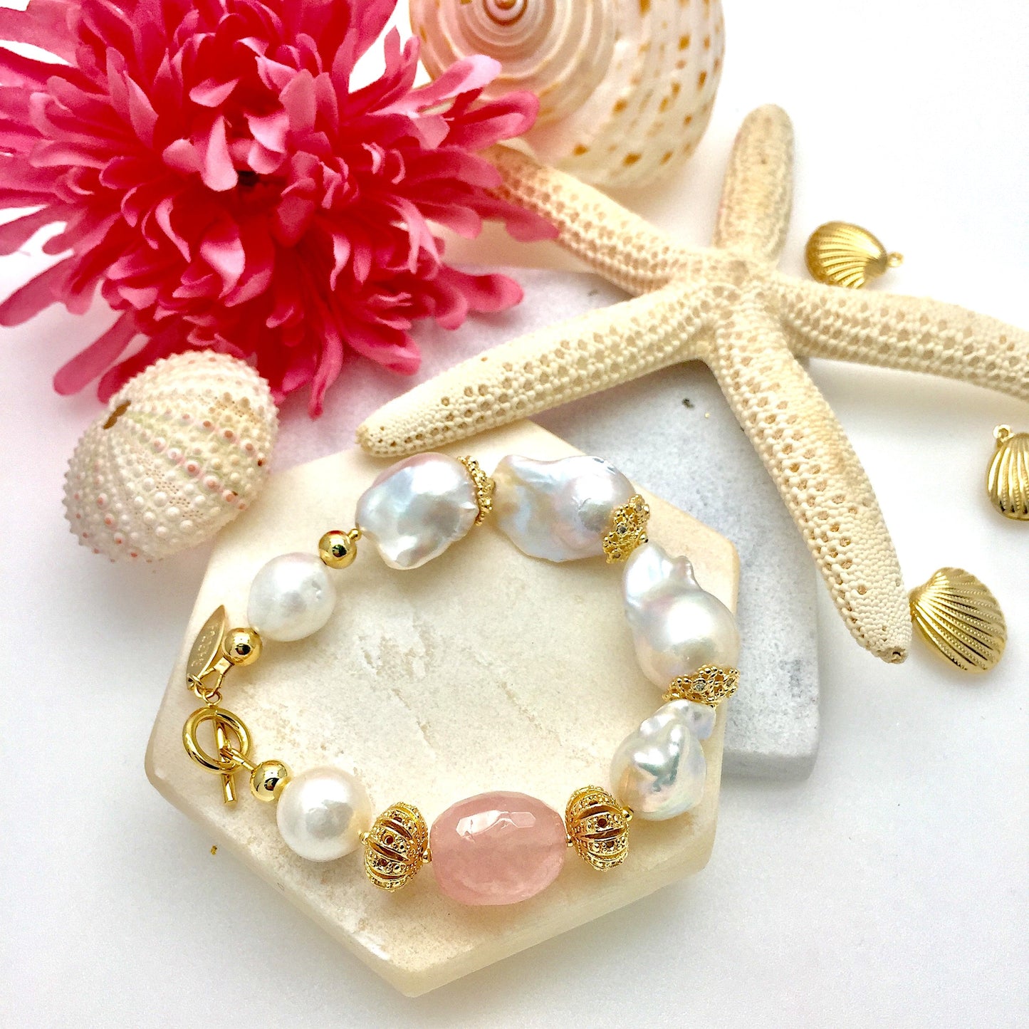 Freshwater Pearls & Rose Quartz Bracelet NPB006 - Enemilymakes