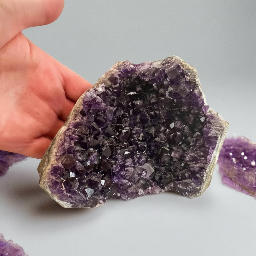 Hand holding a Blackbird & Sage amethyst geode decor piece with purple crystal cluster
