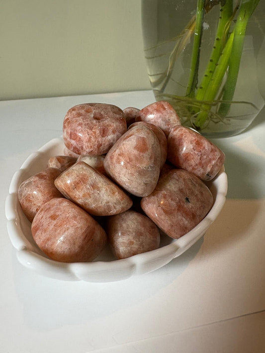AmazeU amethyst tumbled stone polished smooth in a white bowl on a white surface next to green plant stems