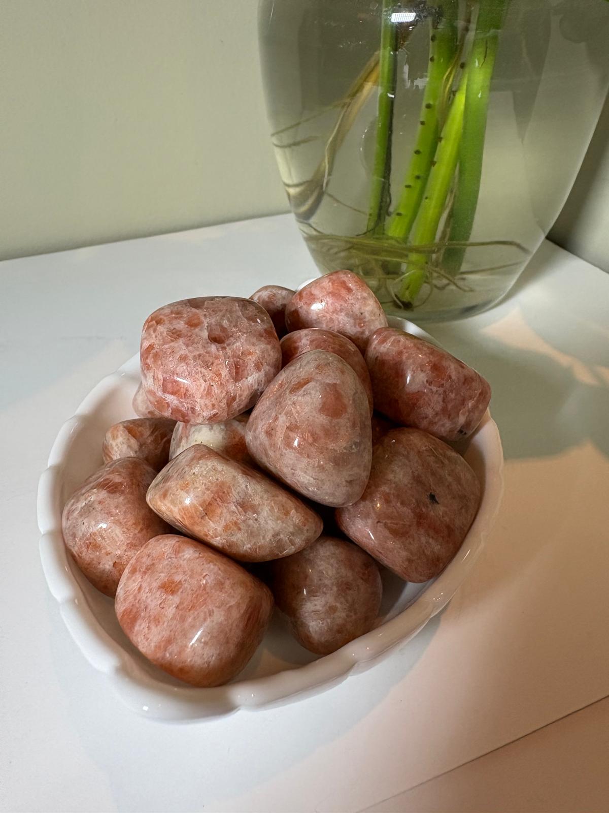 AmazeU amethyst tumbled stone collection in a white bowl next to a green plant vase
