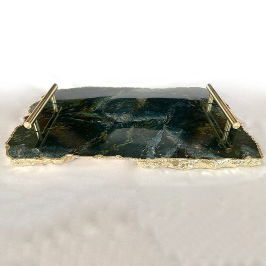 Green agate serving tray with metallic handles and natural stone edges from The Tangerine Store