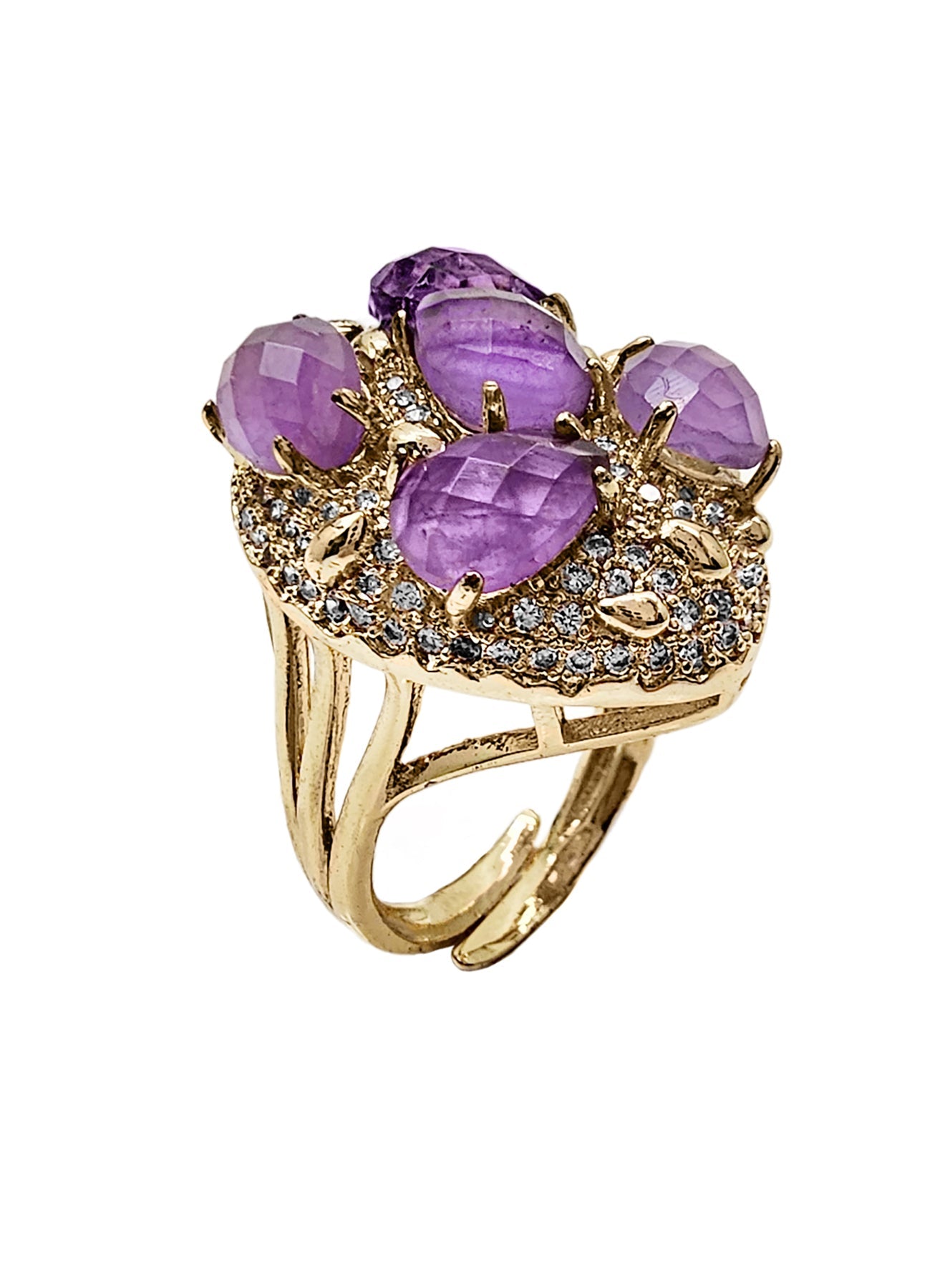 FARRA ring featuring handmade amethyst jewelry with multiple faceted purple stones and gold setting