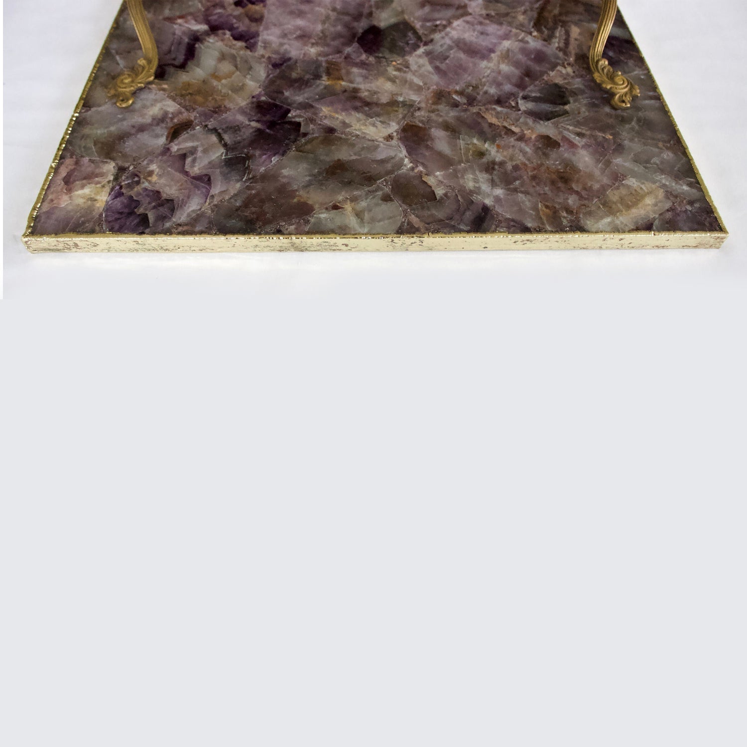 Luxury stone serving platter with purple stone pattern and gold metal handles from The Tangerine Store