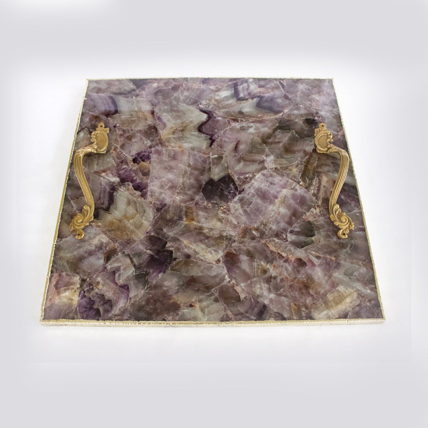 Luxury stone serving platter with purple and gray stone pattern and decorative gold handles